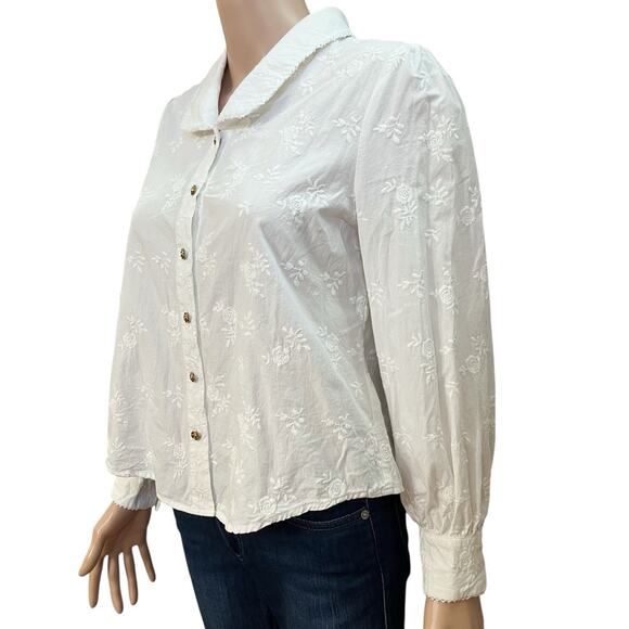 Simple Retro Floral Embroidered Top Medium Button Peter Pan Collar Cottagecore - Picture 2 of 10